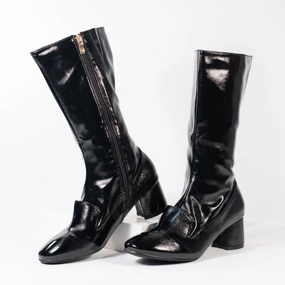 Black Chunky Heel Mid Calf Boots