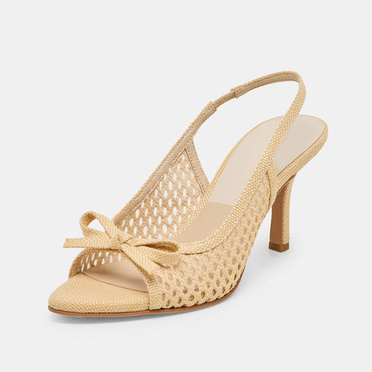 Beige Woven Raffia Open Toe Cut-Out Slingback Stiletto Heeled Sandals
