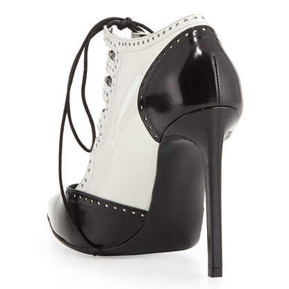 Black & White Pointed Toe Saddle Shoes Lace-Up Cutout Pumps Heels