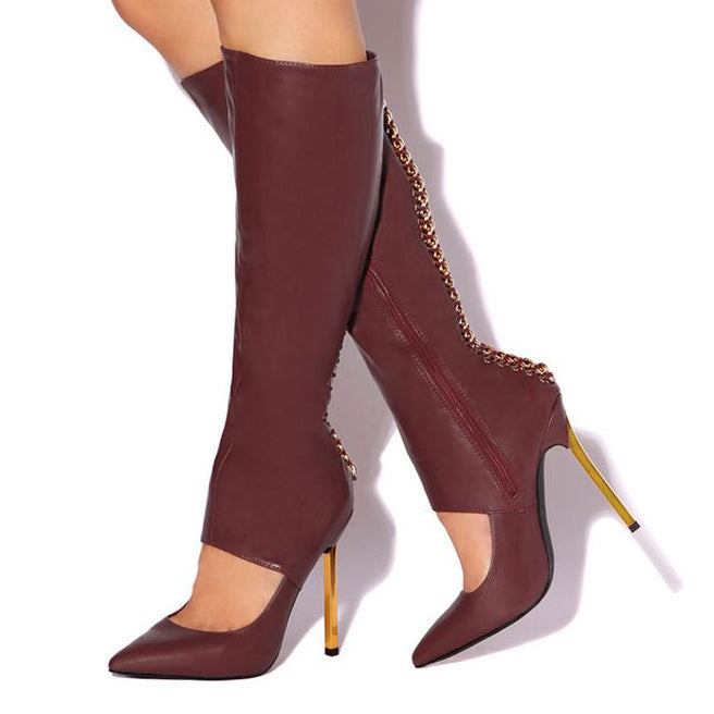 Maroon Cut-Out Gold Chains Decor Knee High Boots with Stiletto Heel