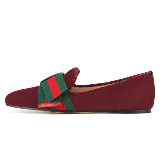 Maroon Square Toe Red & Green Striped Strap Flat Women's Loafers