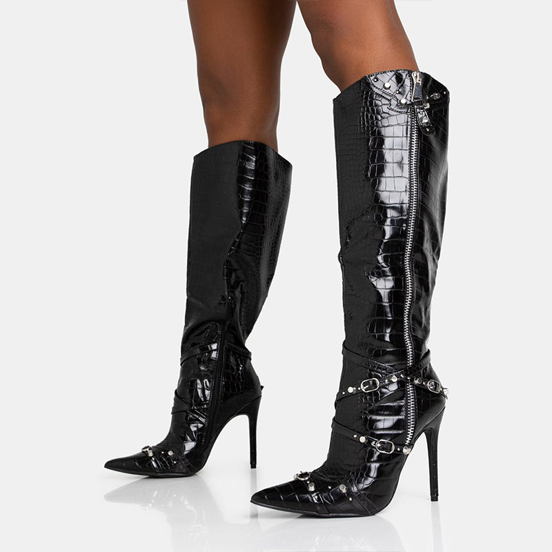 Black Pointed Toe Stiletto Heel Patent Leather Knee High Boots