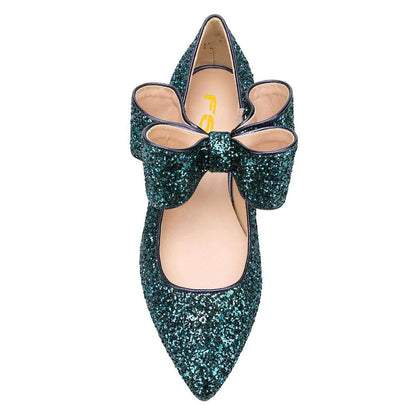 Green Glitter Bow Pointy Toe Comfortable Flats