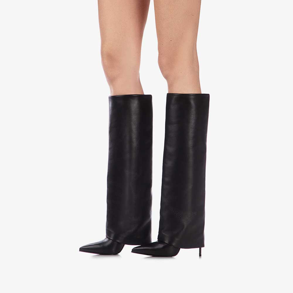 Black Pointed Toe Stiletto Heel Fold Over Wide Calf Knee High Boots