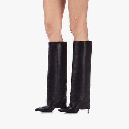 Black Pointed Toe Stiletto Heel Fold Over Wide Calf Knee High Boots