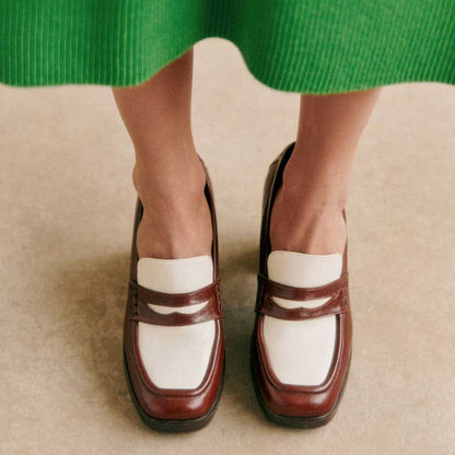 Brown Vegan Leather Square Toe 4'' Chunky Heel Platform Loafers