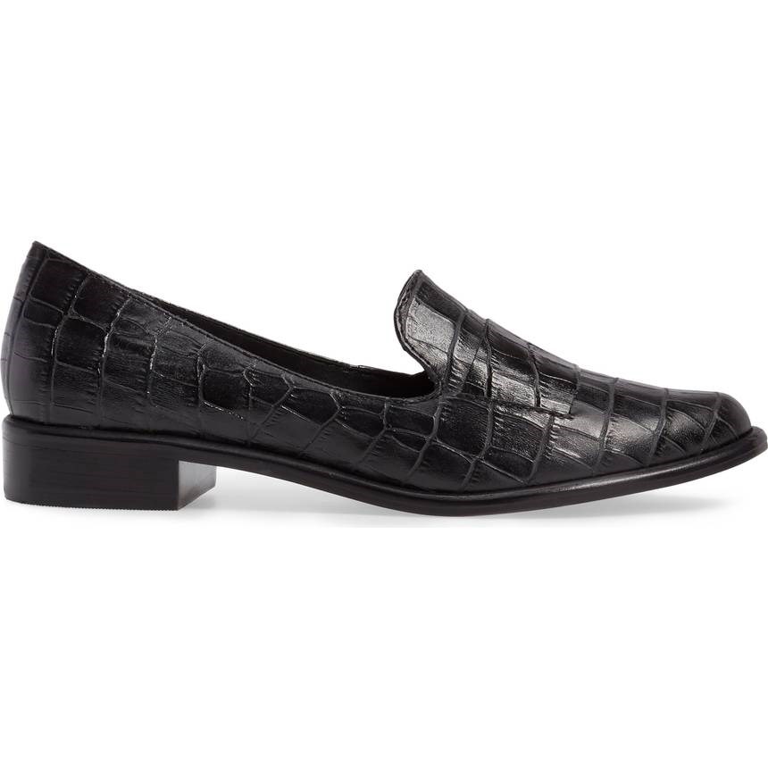 Black Croco Embossed Almond Toe Low-Heel Women's Loafers