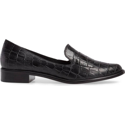 Black Croco Embossed Almond Toe Low-Heel Women's Loafers