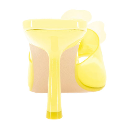 Yellow Floral Embellished Mule Open Toe Clear High Heels Sandals