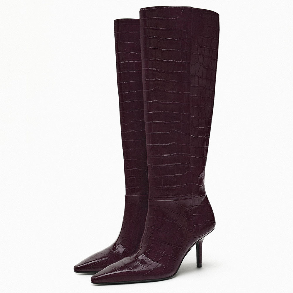 Brown Pointed Toe Stiletto Heel Wide Calf Knee High Boots