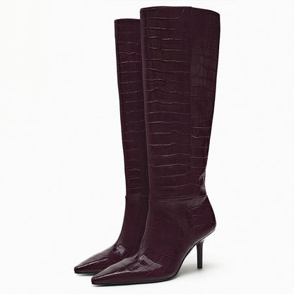 Brown Pointed Toe Stiletto Heel Wide Calf Knee High Boots