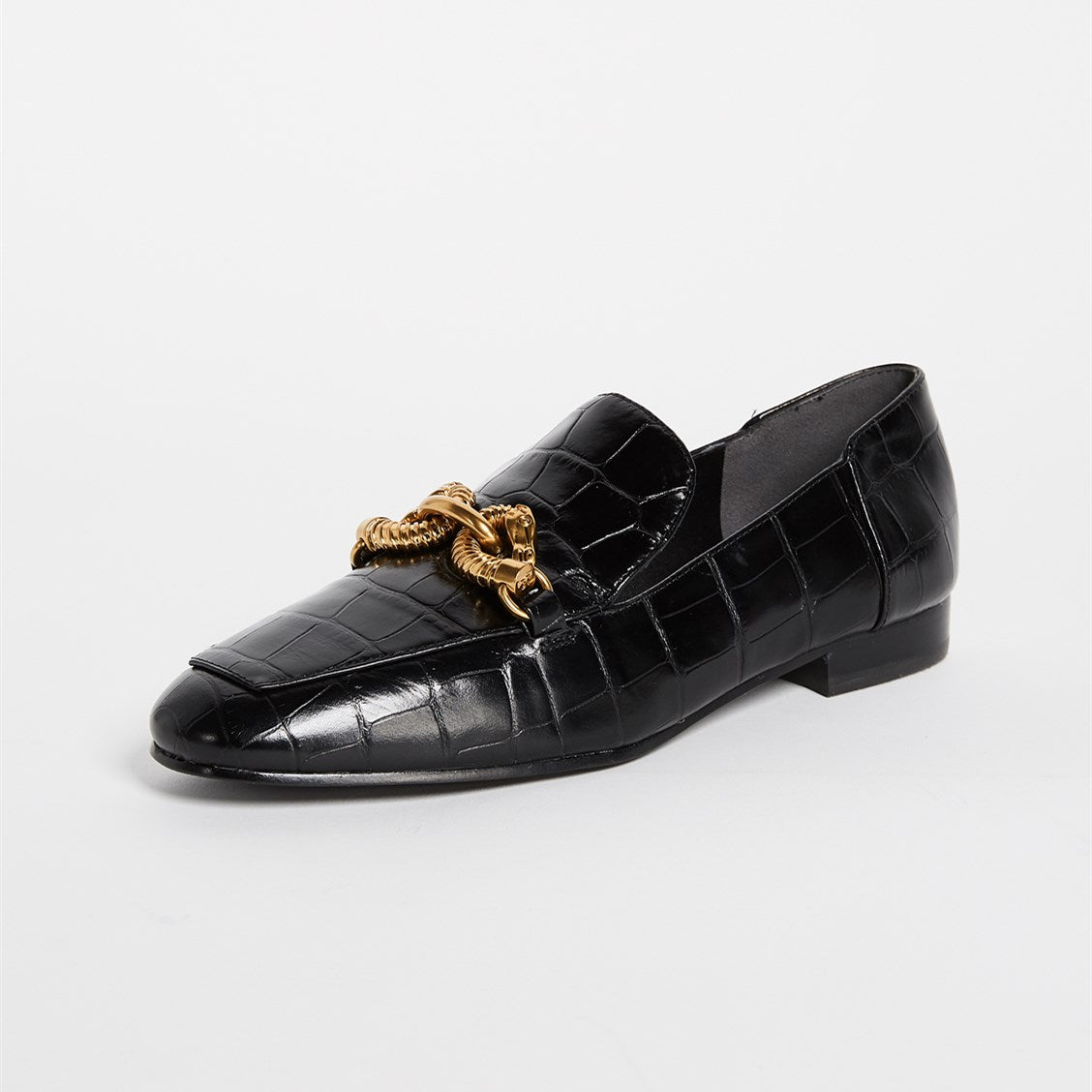 Black Croco Embossed Flats Gold Metal Buckle Loafer Shoes Women