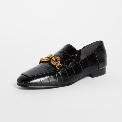 Black Croco Embossed Flats Gold Metal Buckle Loafer Shoes Women