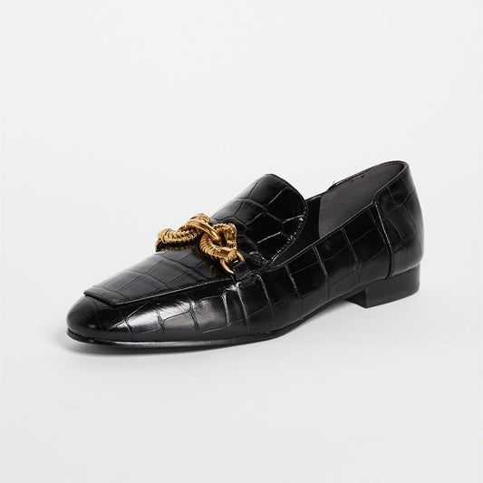 Black Croco Embossed Flats Gold Metal Buckle Loafer Shoes Women