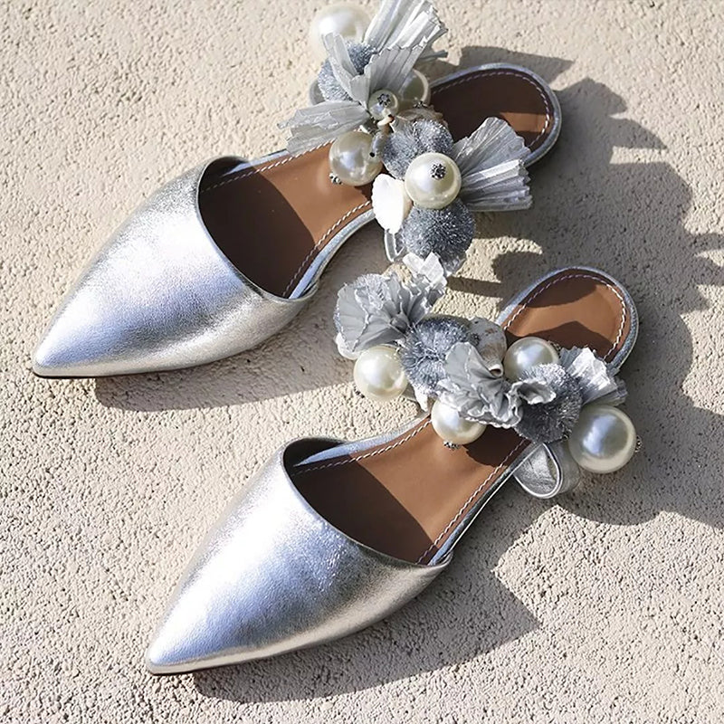 Silver Pointy Toe Flats Bridal Shoes Women's Party Mules