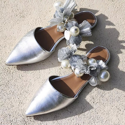 Silver Pointy Toe Flats Bridal Shoes Women's Party Mules
