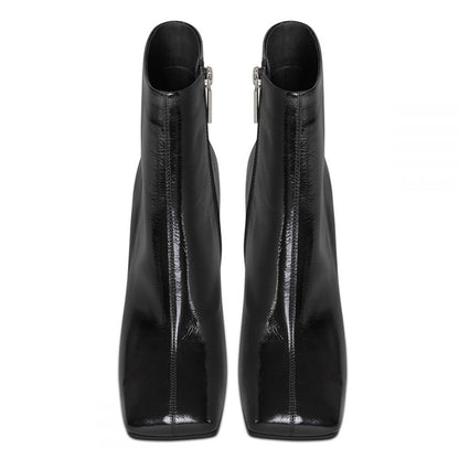 Trendy Black Square Toe Sparkly Chunky Heel Ankle Boots with Zip