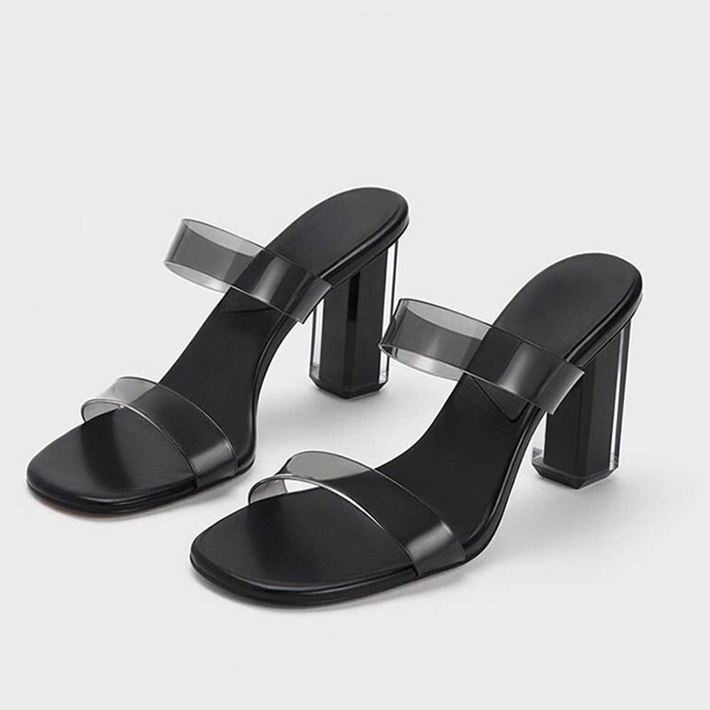Black & Clear PVC Square Toe 4'' Chunky Heel Double Strap Mules