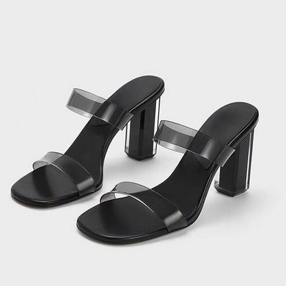 Black & Clear PVC Square Toe 4'' Chunky Heel Double Strap Mules