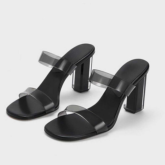 Black & Clear PVC Square Toe 4'' Chunky Heel Double Strap Mules