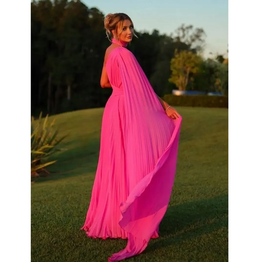 Elegant Long Chiffon Hot Pink Evening Dresses With Cape A-Line One Shoulder Prom Dress P1887