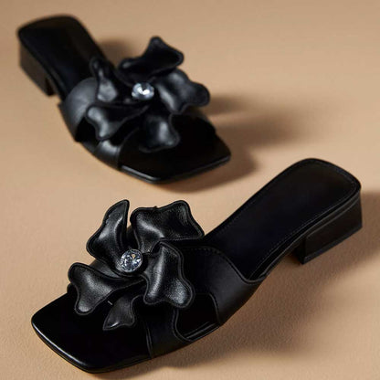 Black Vegan Leather Square Toe Chunky Heel Floral Inlay Slippers