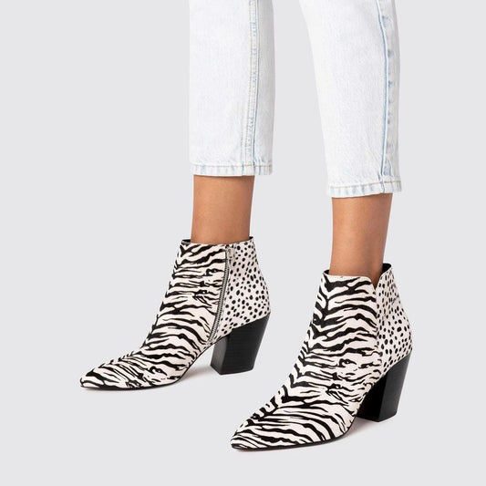 Black and White Horsehair Block Heel Boots Zebra Print Ankle Boots