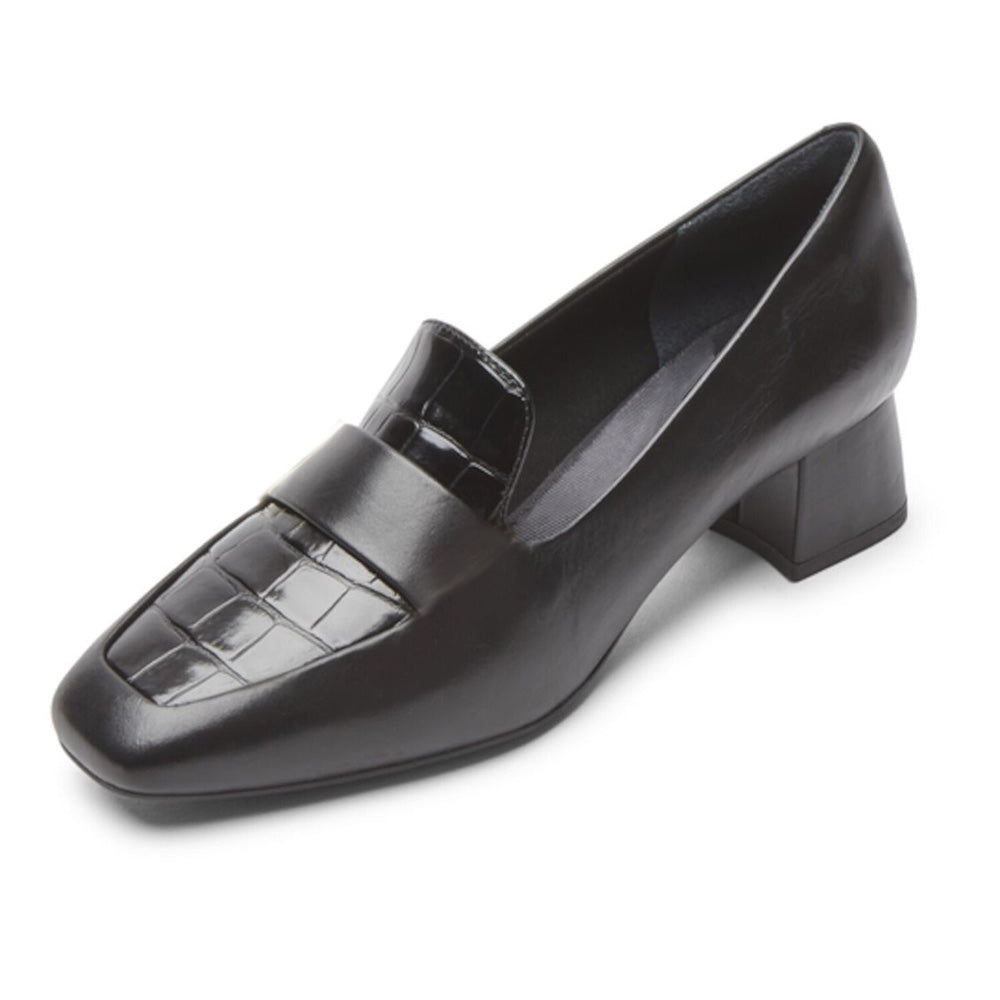 Black Patent Leather Square Toe Block Heel Loafers