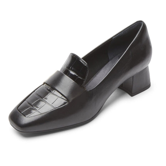 Black Patent Leather Square Toe Block Heel Loafers