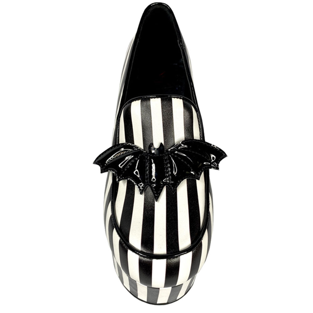 Black & White Stripes Chunky Heel Platform Loafers with Bat Decor