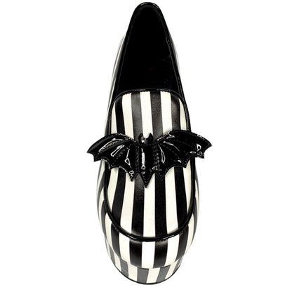 Black & White Stripes Chunky Heel Platform Loafers with Bat Decor