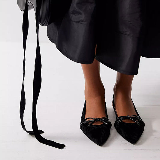 Elegant Black Velvet Bow Strap Pointed Toe Flats with Slingback