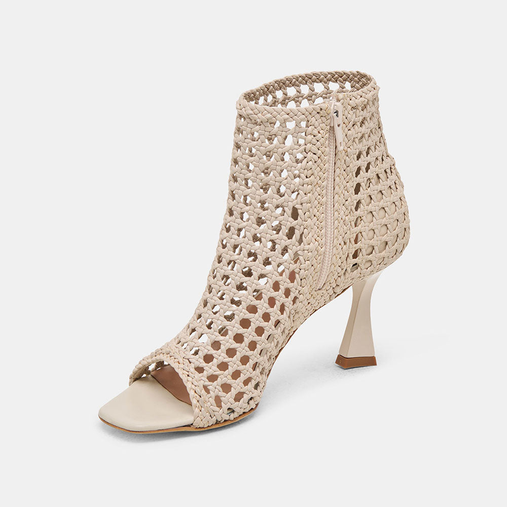 Beige Woven Cut-Out Open Square Toe Flared Heel Zipper Summer Boots