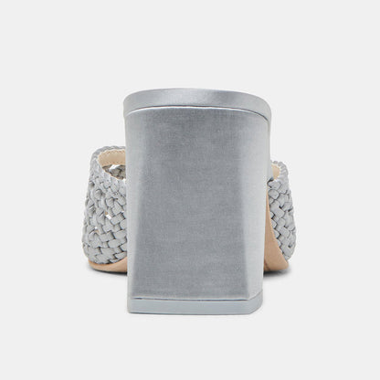 Chic Gray Woven Detail Open Round Toe Mule Block Heel Sandals