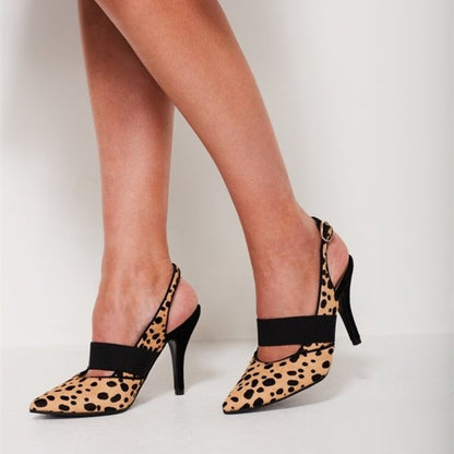 Women's Leopard Print Pointy Toe Slingback Pumps with Elastic Strap