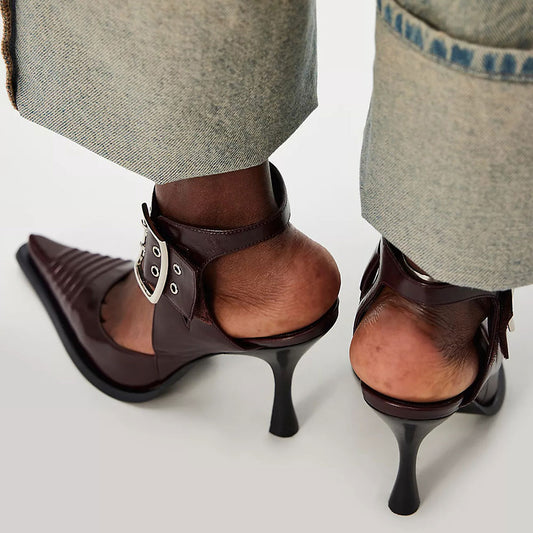 Women's Dark Burgundy Pointed Toe Buckle Ankle Strap Pumps Heels