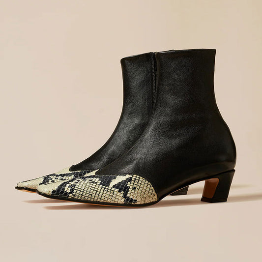 Black Python Embossed Square Toe Zipper Ankle Boots with Chunky Heel