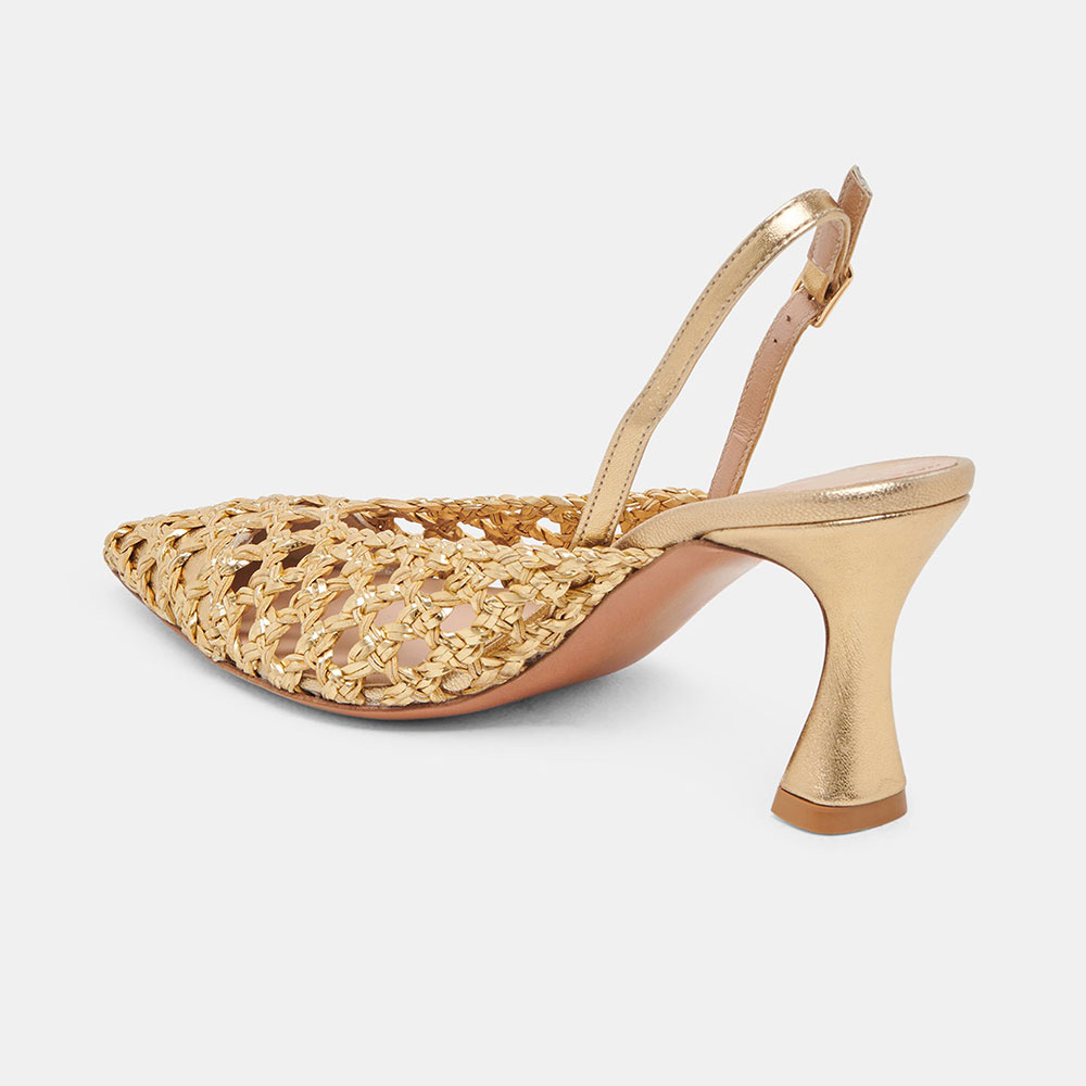 Gold Metallic Finish Pointed Toe Woven Cut-Out Slingback Heels