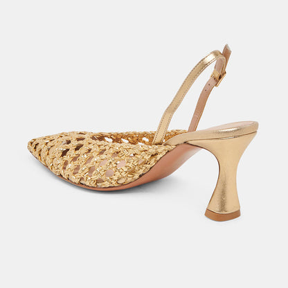 Gold Metallic Finish Pointed Toe Woven Cut-Out Slingback Heels