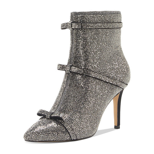 Women's Rhinestone Boots Pointed Toe Bows Embellished Heeled Booties