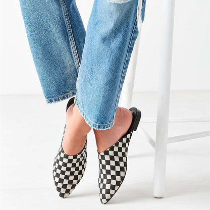 Women's Black and White Plaid Mules Comfortable Flats