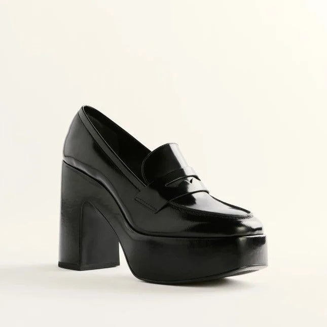 Black Platform Loafers Block Heels Business Casual Shoes for Women