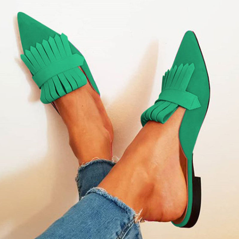 Green Pointed Toe Flats Women's Fringe Office Mule Loafers