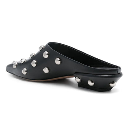 Women's Studded Square Toe Slip On Black Block Heel Mules Shoes