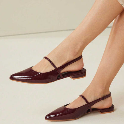 Burgundy Patent Leather Pointed Toe Flats Slingback Shoes for Women