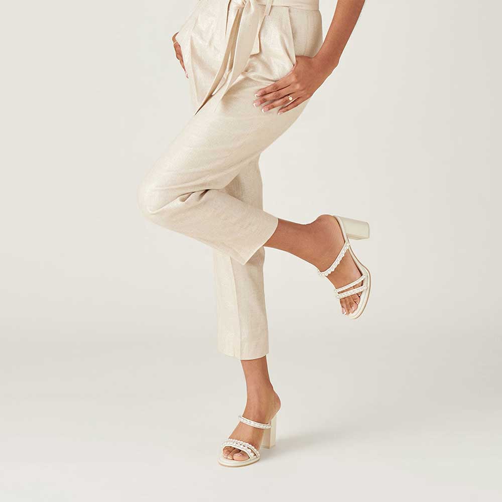 White Round Toe Chunky Heel Pearl-Studded Strappy Mules