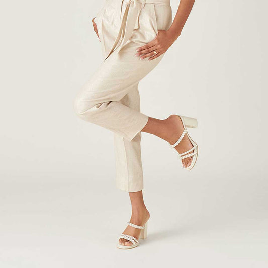 White Round Toe Chunky Heel Pearl-Studded Strappy Mules