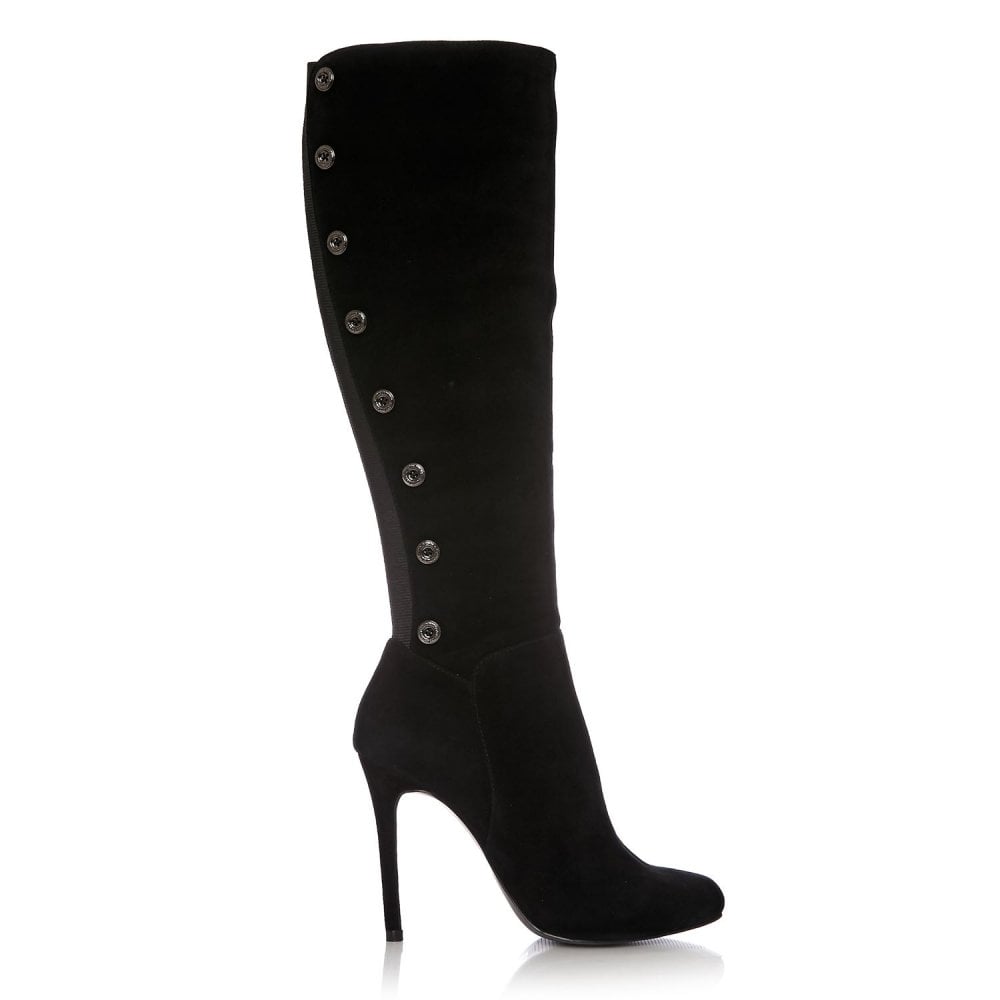 Black Vegan Suede Metal Button Knee High Boots