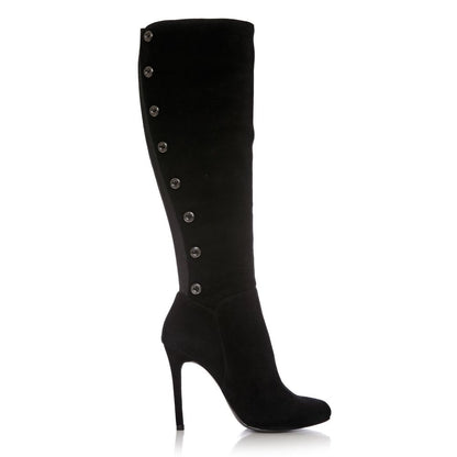 Black Vegan Suede Metal Button Knee High Boots