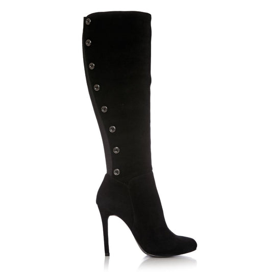 Black Vegan Suede Metal Button Knee High Boots